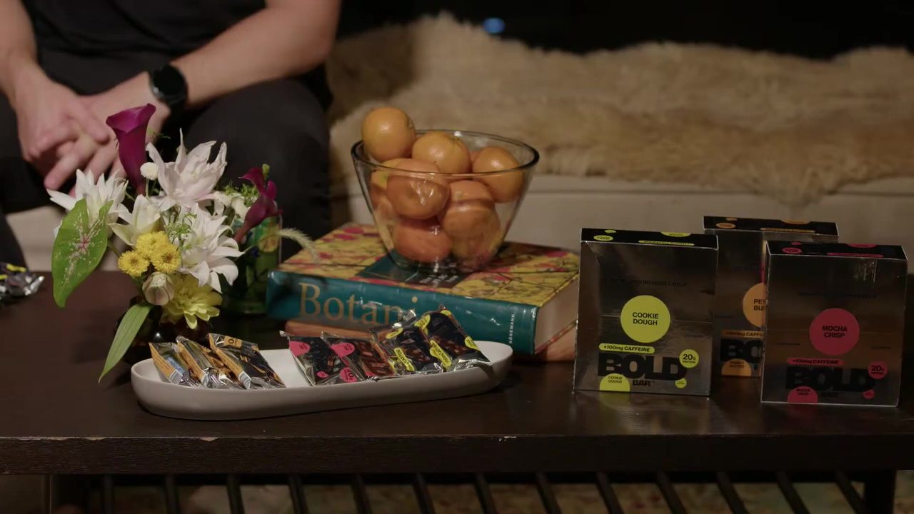 The Living Room coffee table with BOLD bars and flowers